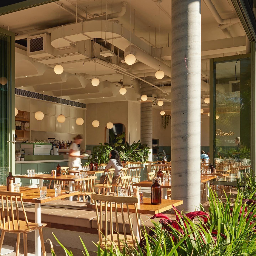 The interior of a modern cafe in West End, Brisbane.